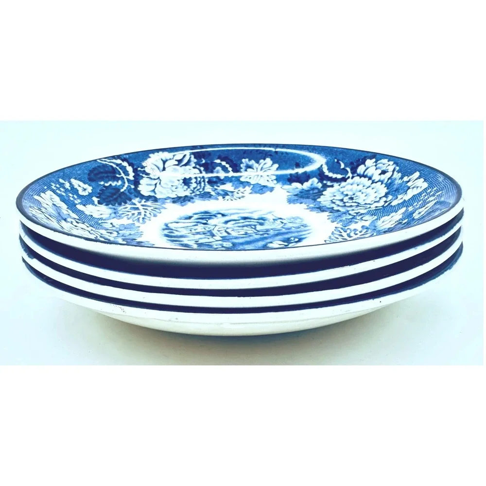 Vintage Wood & Sons English Scenery Blue White Saucers Set of 4 Transferware